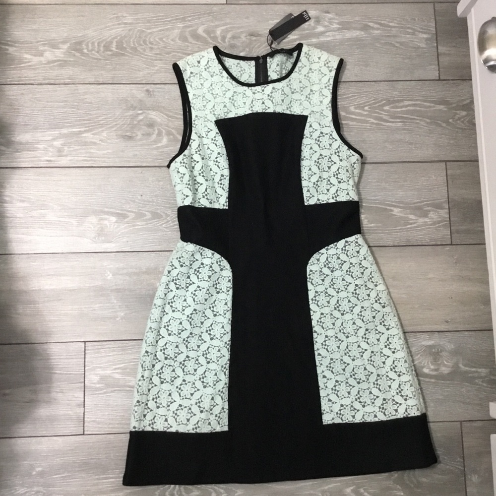 NWT TIBI Mint Green Unconventional Lace Black Wool Midi Dress 10